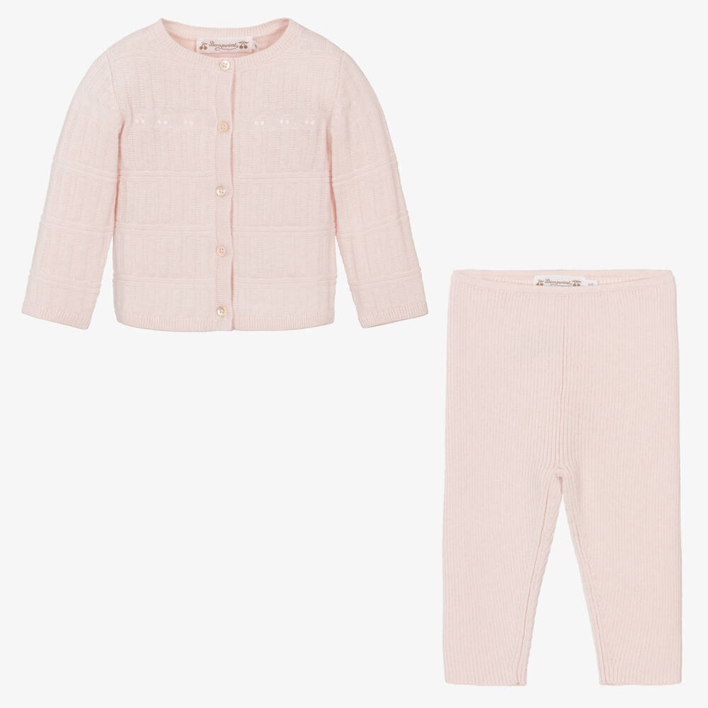 Bonpoint-Girls Pink Knit Wool Trousers Set | Childrensalon Outlet