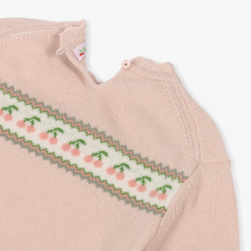 Bonpoint-Girls Pink Merino Wool Sweater with Cherry Logos | Childrensalon Outlet