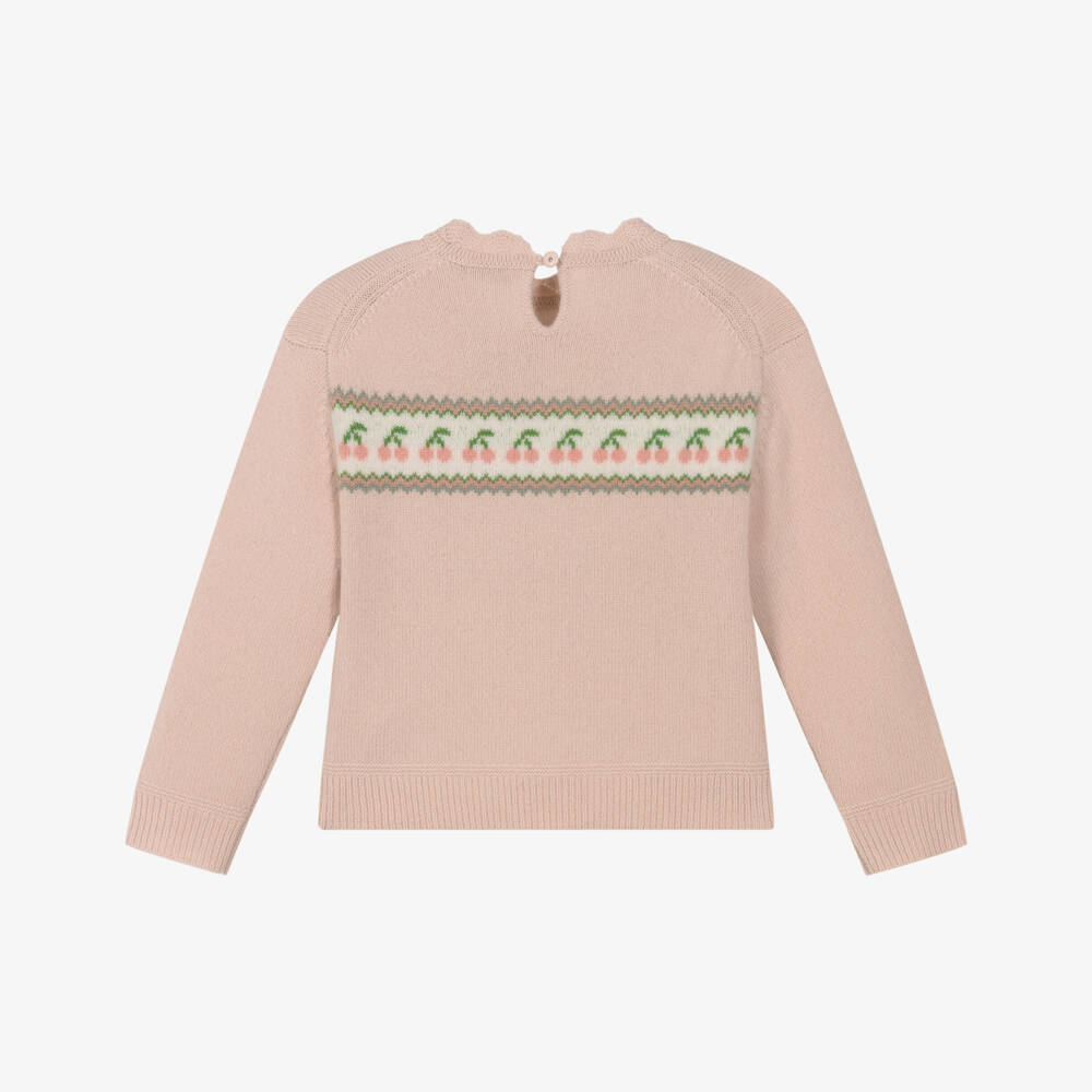 Bonpoint-Girls Pink Merino Wool Sweater with Cherry Logos | Childrensalon Outlet