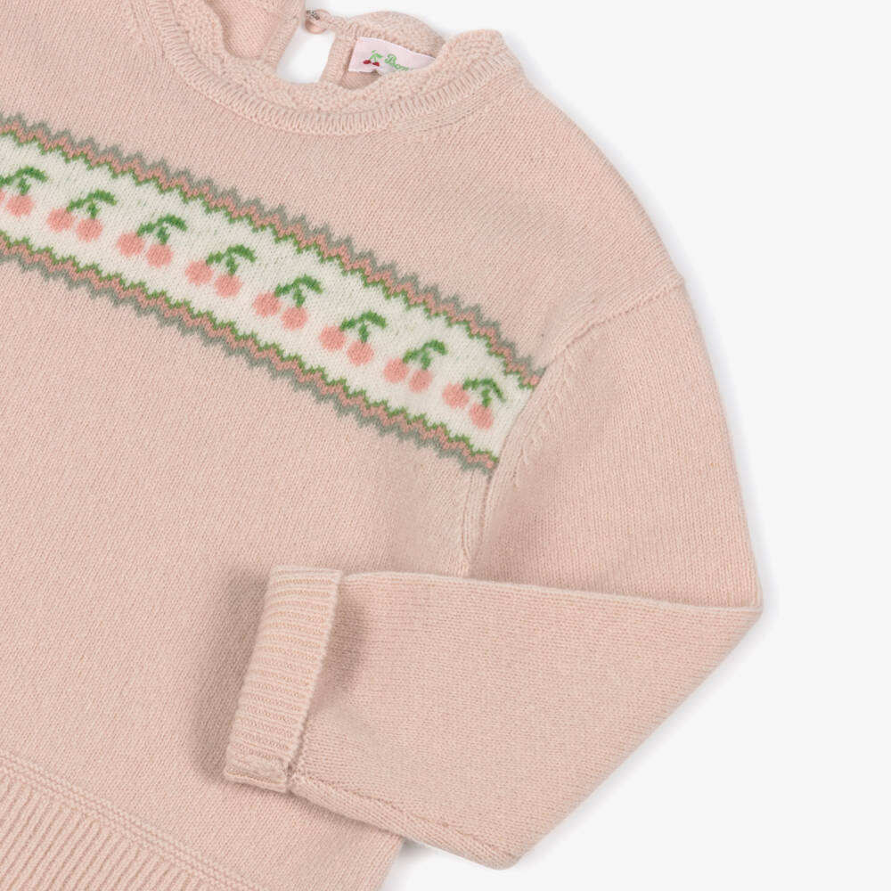 Bonpoint-Girls Pink Merino Wool Sweater with Cherry Logos | Childrensalon Outlet