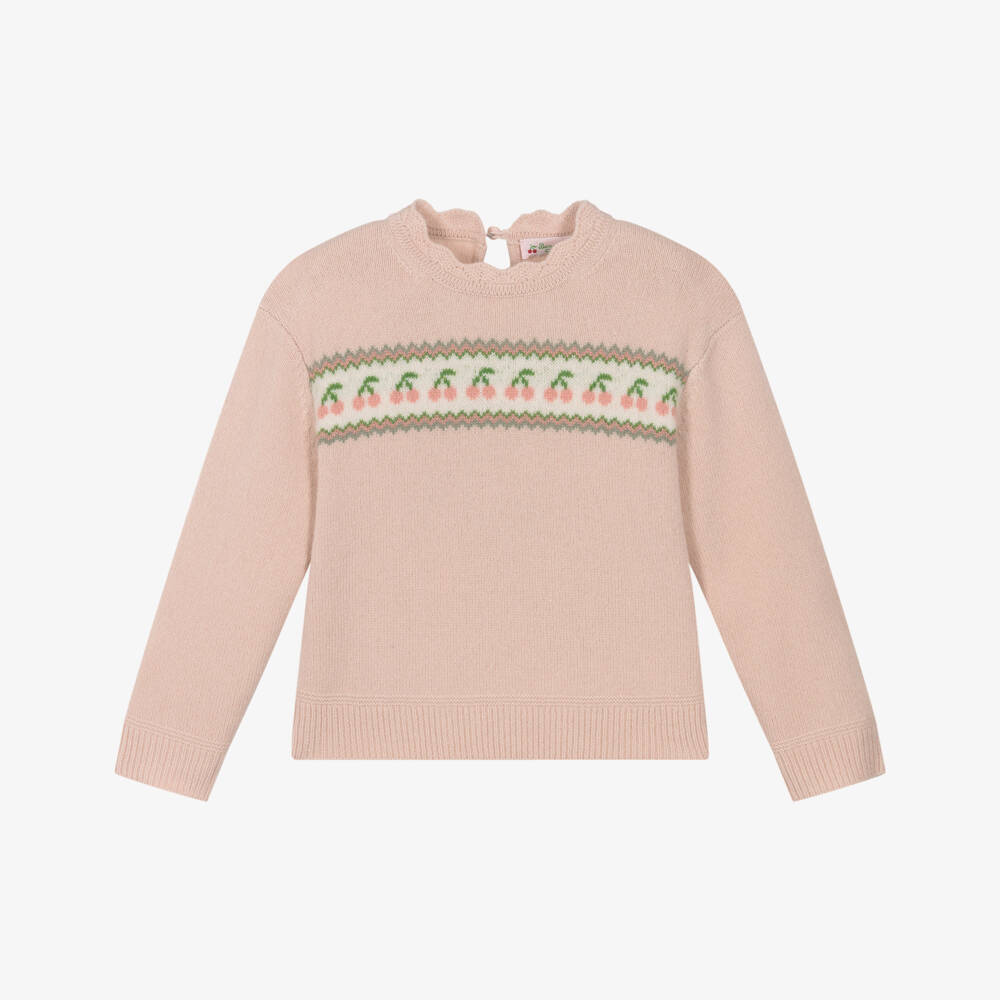 Bonpoint-Girls Pink Merino Wool Sweater with Cherry Logos | Childrensalon Outlet