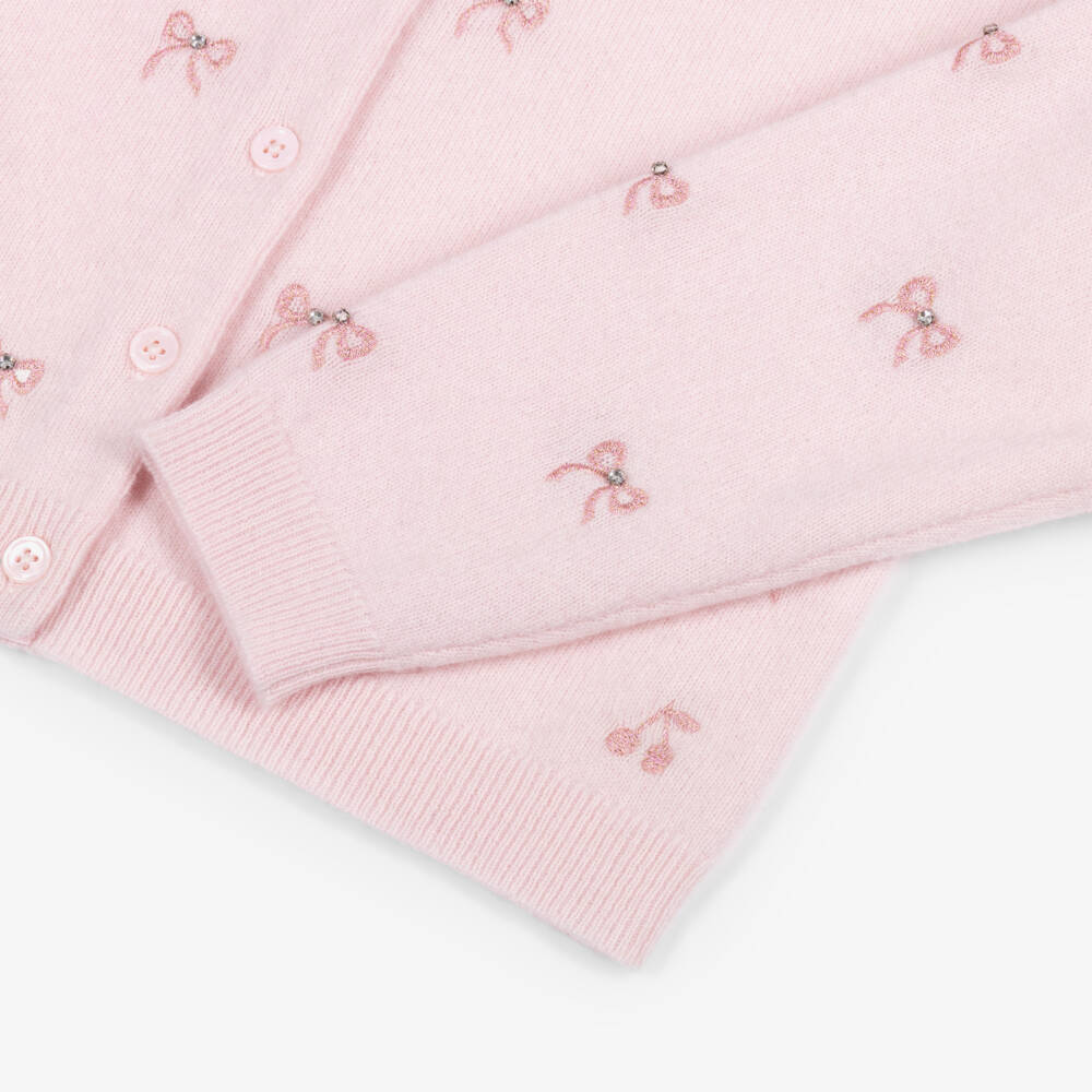 Bonpoint-Girls Pink Pure Cashmere Cardigan with Embroidered Diamanté Bows | Childrensalon Outlet