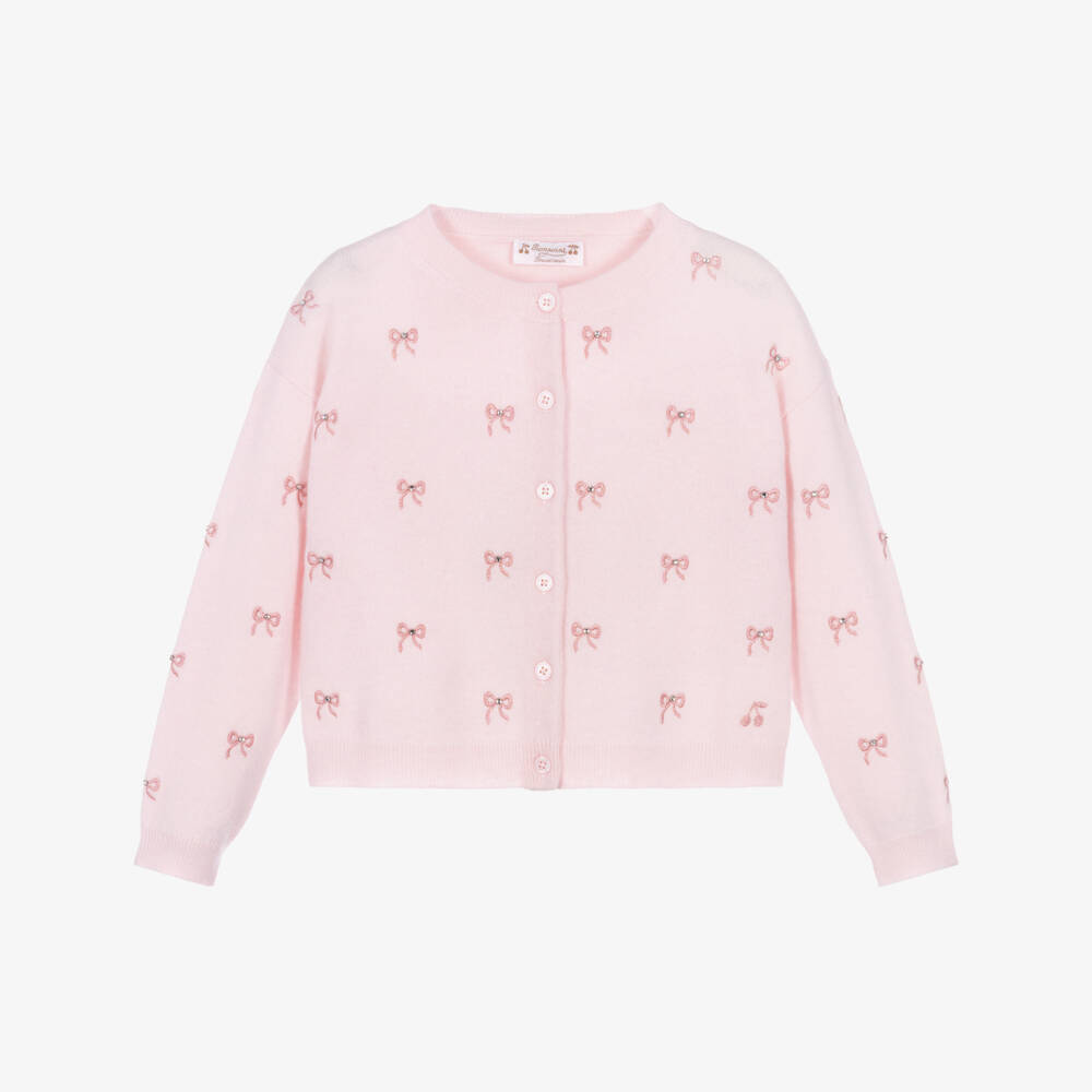 Bonpoint-Girls Pink Pure Cashmere Cardigan with Embroidered Diamanté Bows | Childrensalon Outlet
