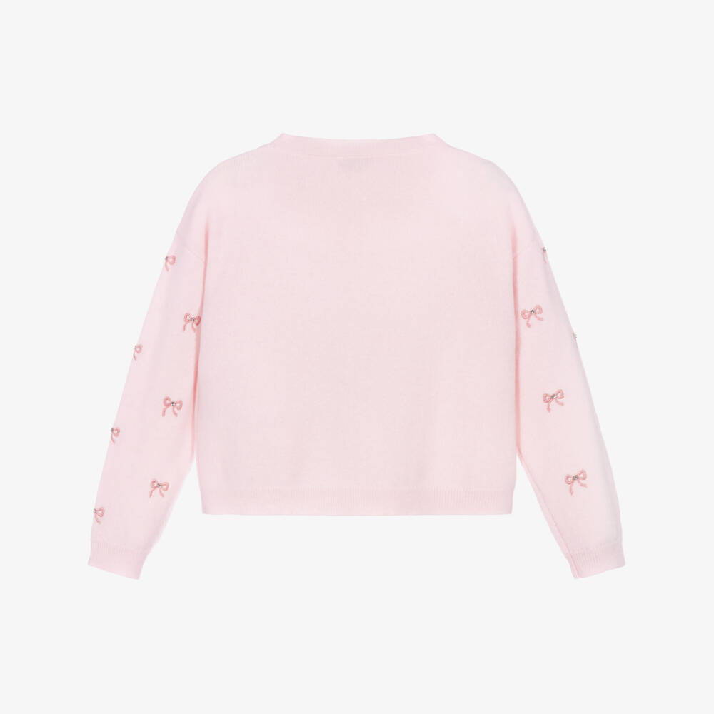 Bonpoint-Girls Pink Pure Cashmere Cardigan with Embroidered Diamanté Bows | Childrensalon Outlet