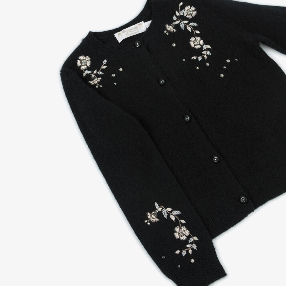 Bonpoint-Girls Pure Cashmere Floral Black Cardigan | Childrensalon Outlet