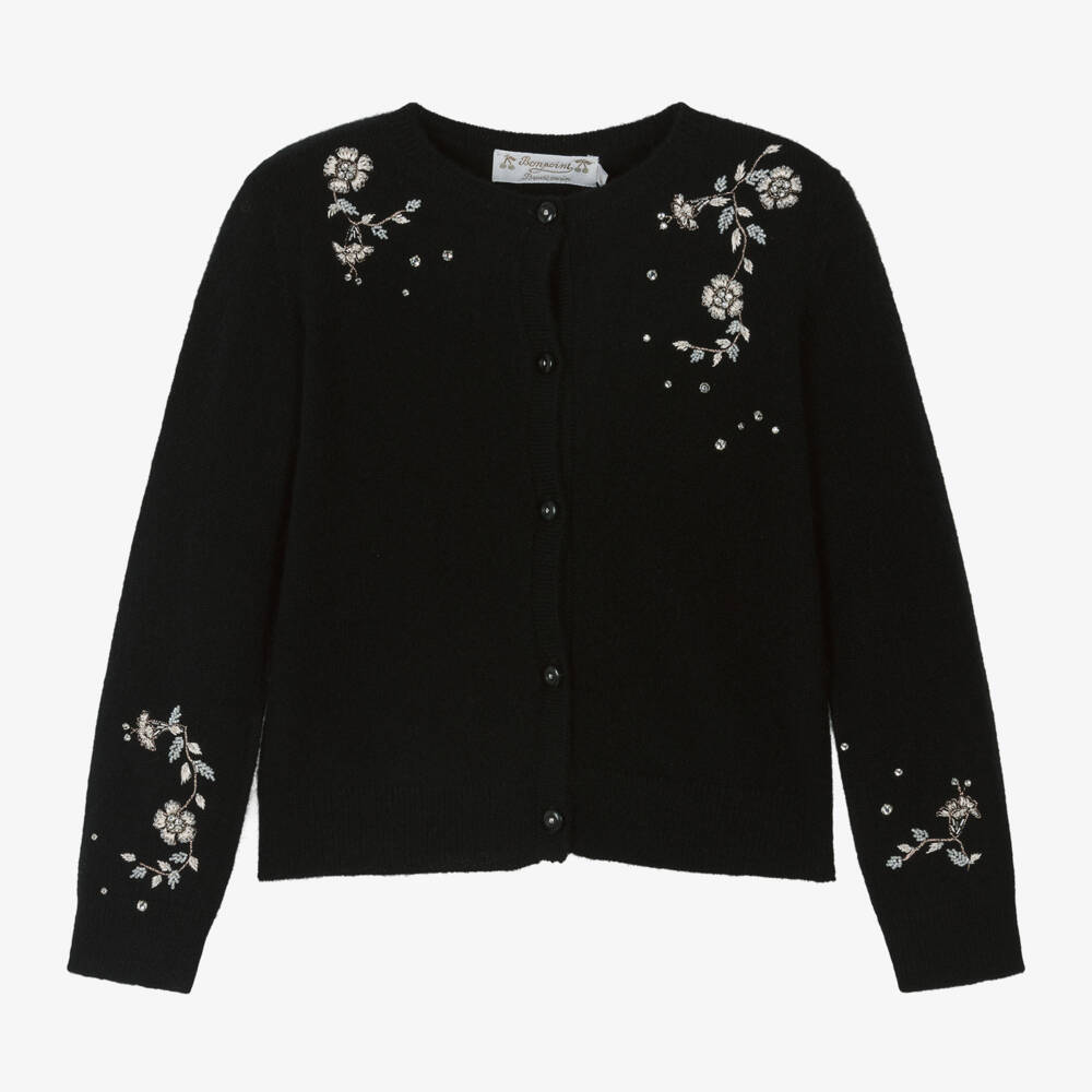 Bonpoint-Girls Pure Cashmere Floral Black Cardigan | Childrensalon Outlet