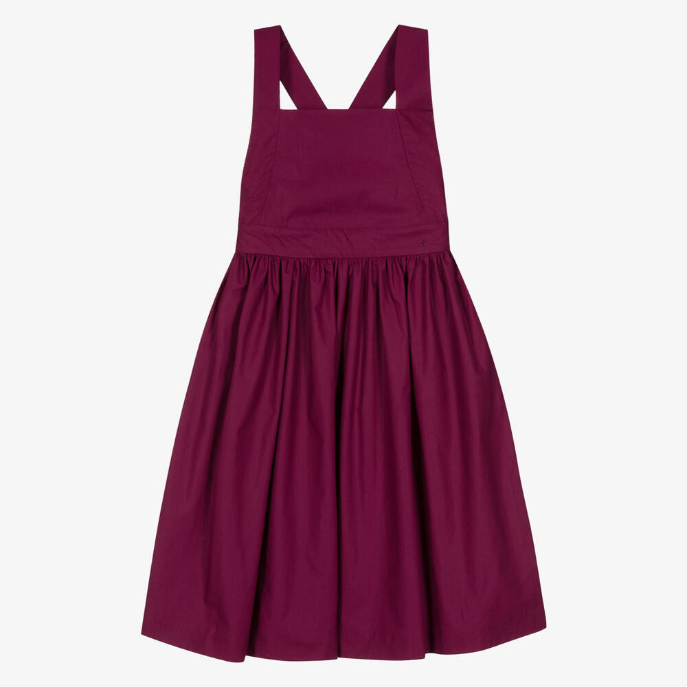 Bonpoint - Girls Purple Cotton Pinafore Dress | Childrensalon