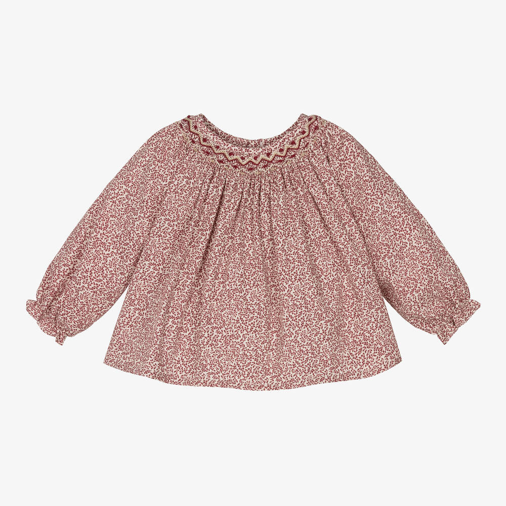 Bonpoint - Rote gesmoktes Bluse mit Blumen | Childrensalon