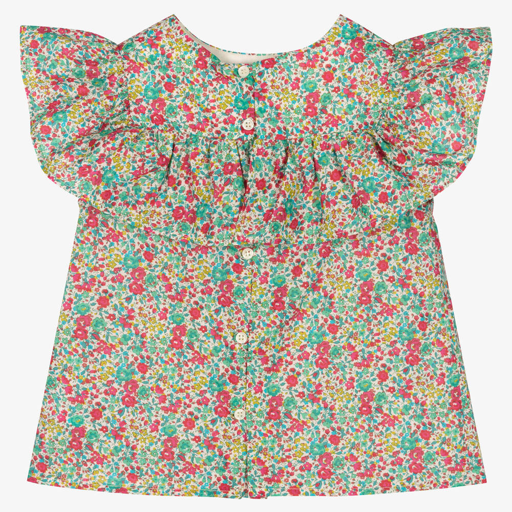 بونبوان-بلوز قطن لون أخضر وأحمر بطبعة ليبرتي | Childrensalon Outlet