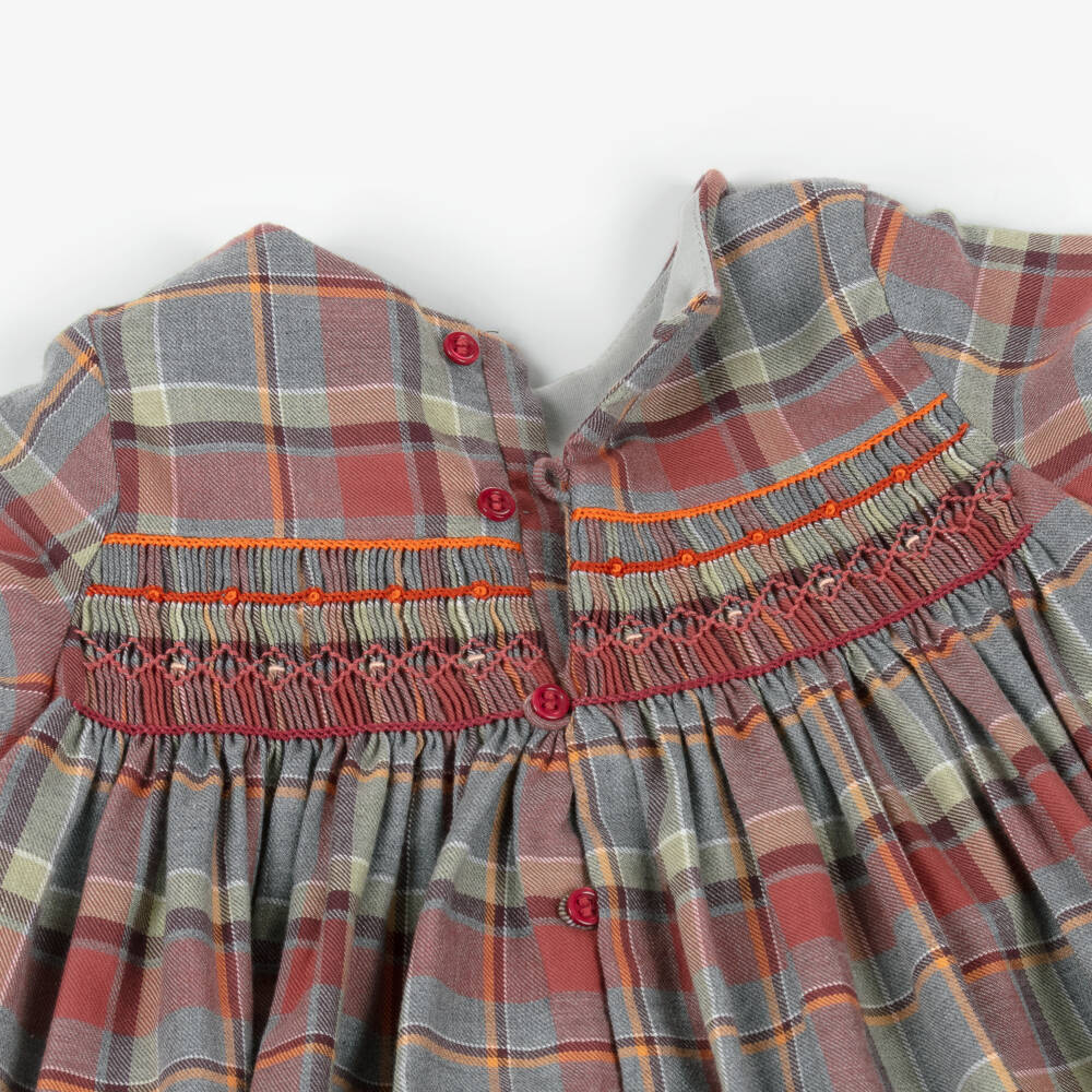 Bonpoint-Girls Red & Grey Cotton Tartan Dress with Smocking | Childrensalon Outlet