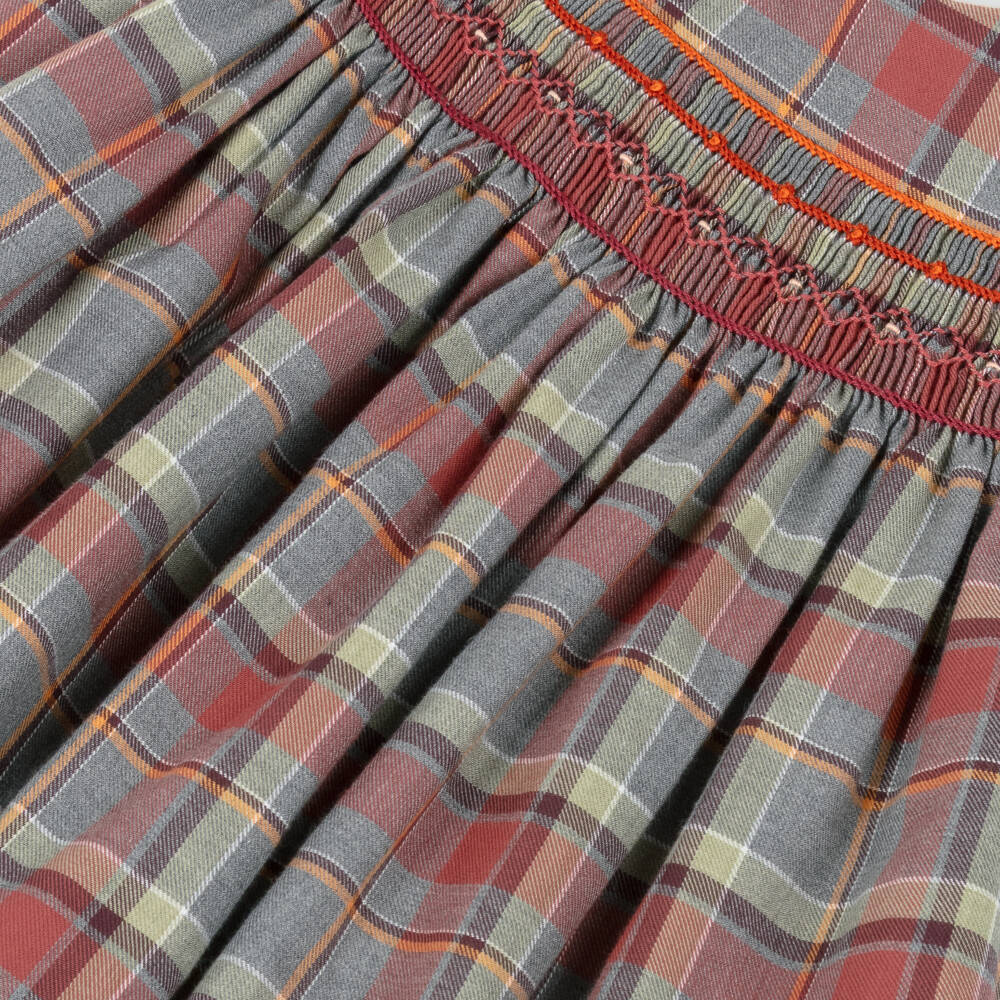 Bonpoint-Girls Red & Grey Cotton Tartan Dress with Smocking | Childrensalon Outlet