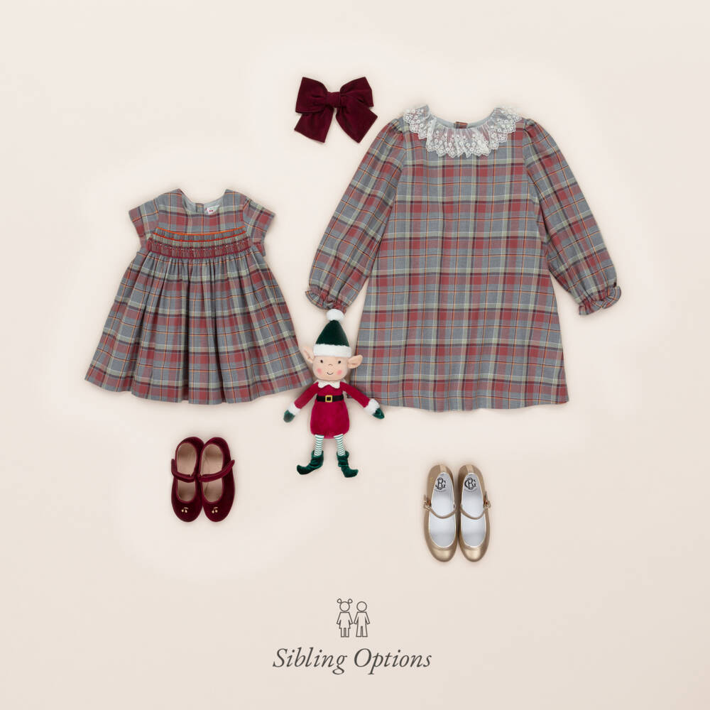 Bonpoint-Girls Red & Grey Cotton Tartan Dress with Smocking | Childrensalon Outlet