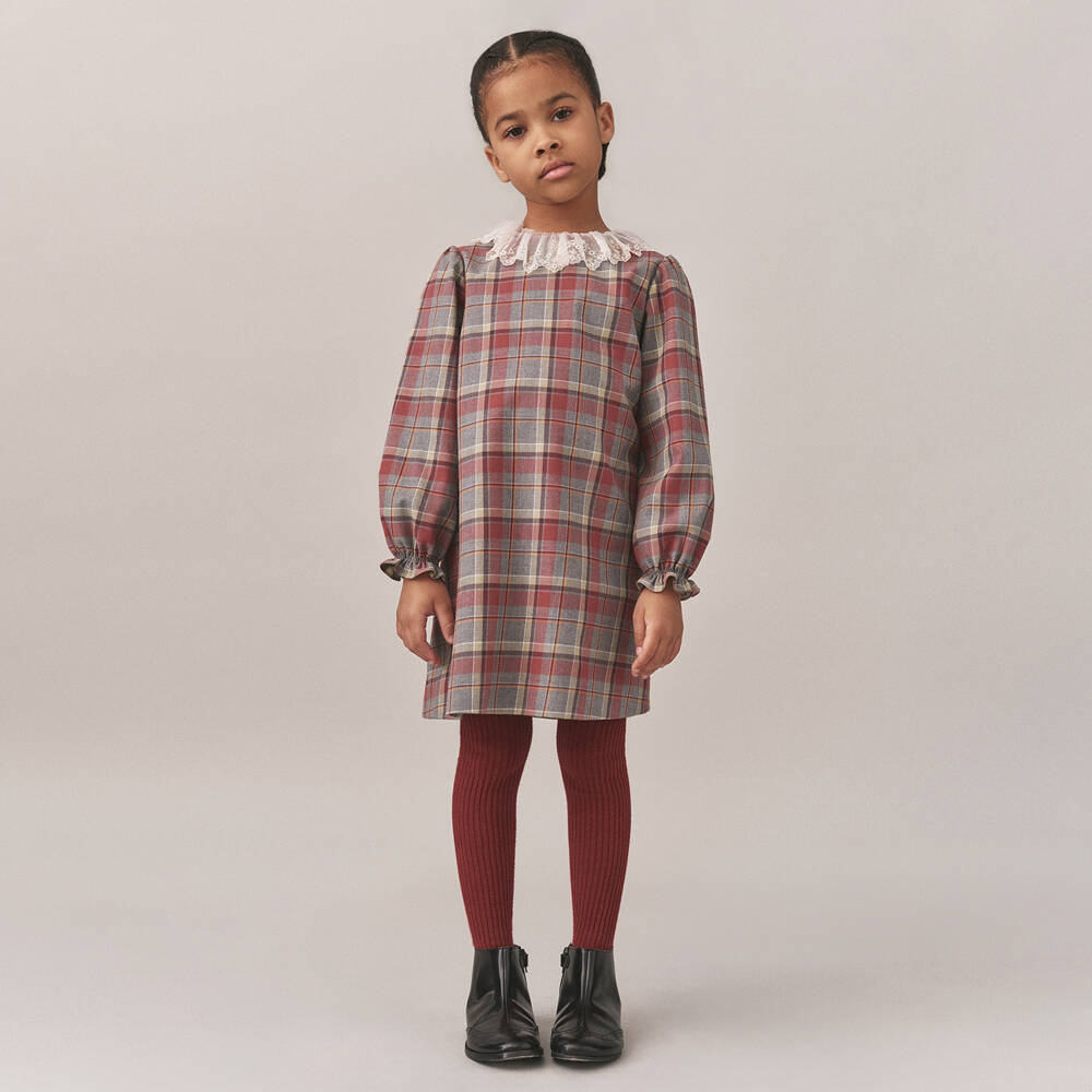 Bonpoint-فستان قطني بنقشة الترتان للبنات مع دانتيل | Childrensalon Outlet