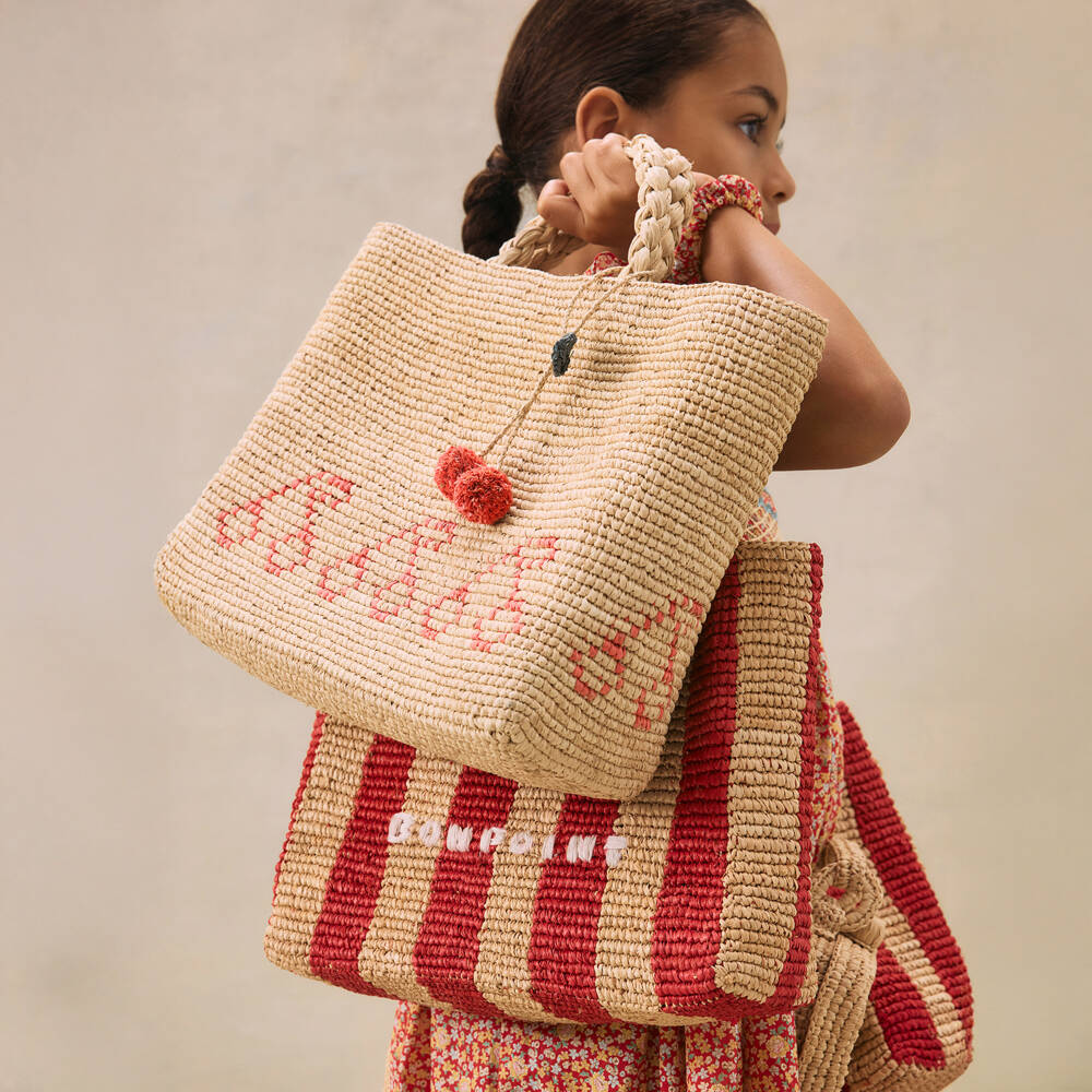 Bonpoint-Girls Scarlet Stripe Raffia Tote | Childrensalon Outlet