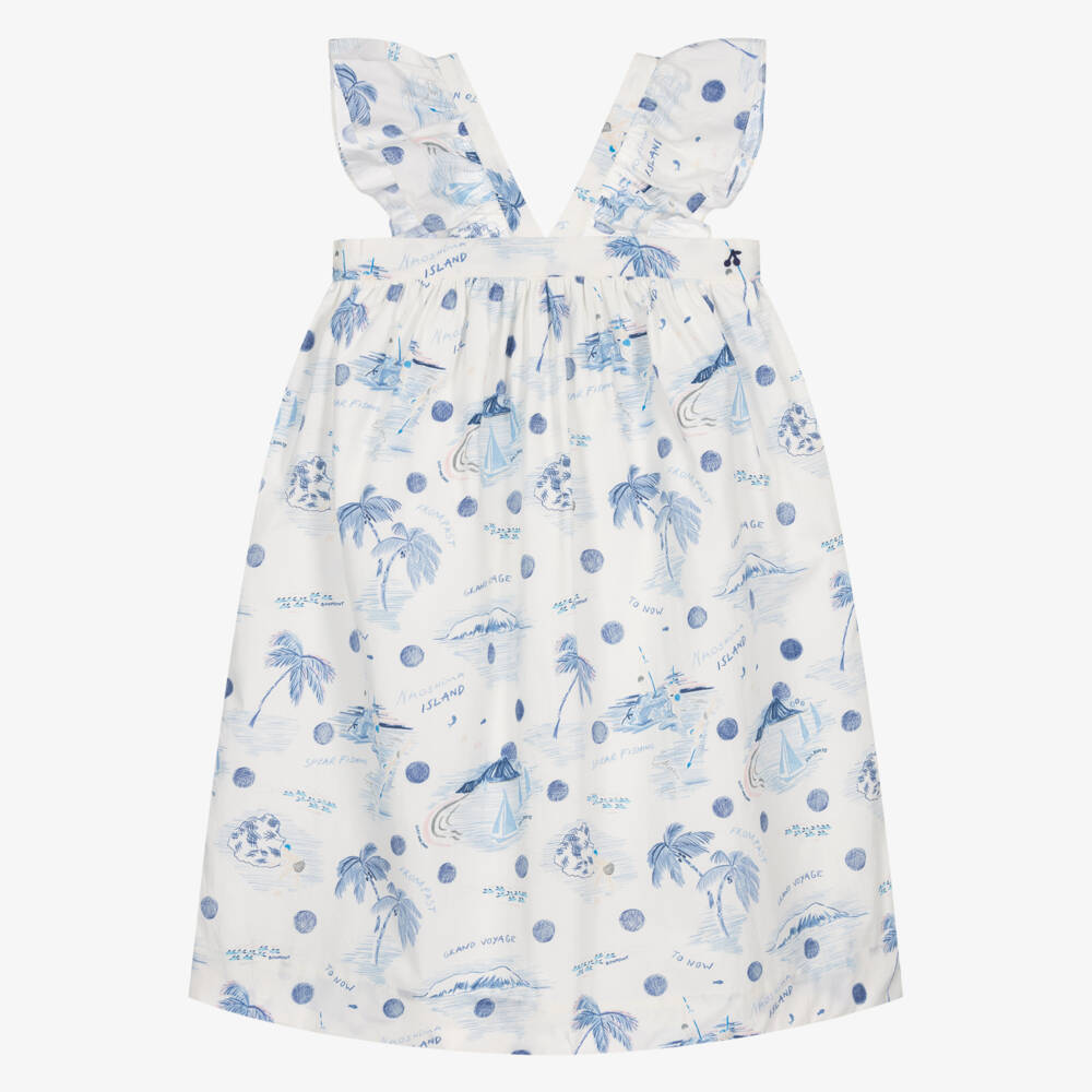 Bonpoint-Girls White & Blue Cotton Palm Tree Print Dress | Childrensalon Outlet