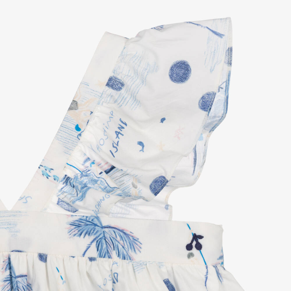Bonpoint-Girls White & Blue Cotton Palm Tree Print Dress | Childrensalon Outlet