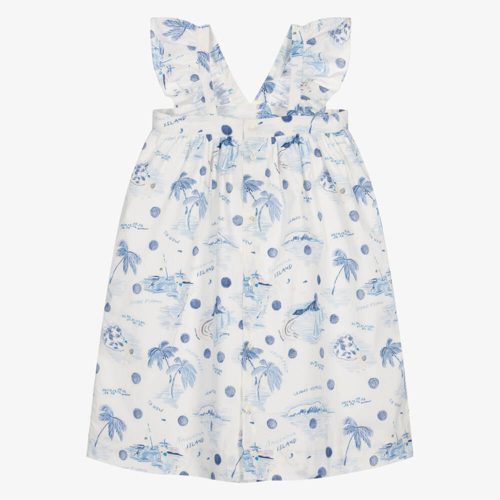 Bonpoint-Girls White & Blue Cotton Palm Tree Print Dress | Childrensalon Outlet