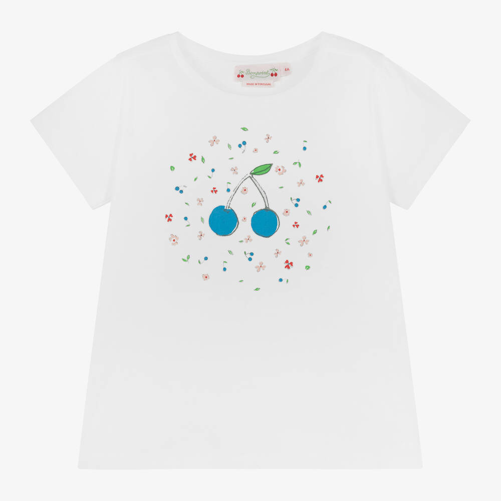 Bonpoint-Girls White Cotton Cherry Print T-shirt | Childrensalon Outlet