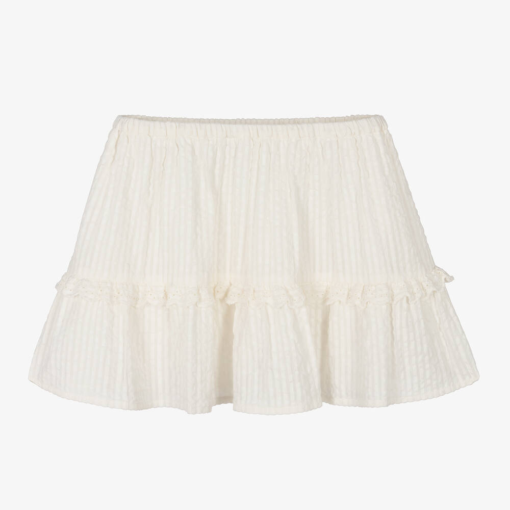 Bonpoint - Girls White Cotton Seersucker Skirt | Childrensalon