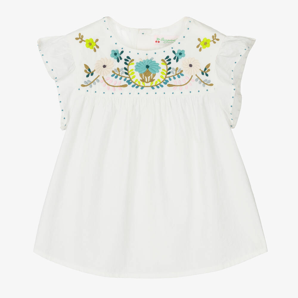 Bonpoint - Girls White Embroidered Poplin Blouse | Childrensalon