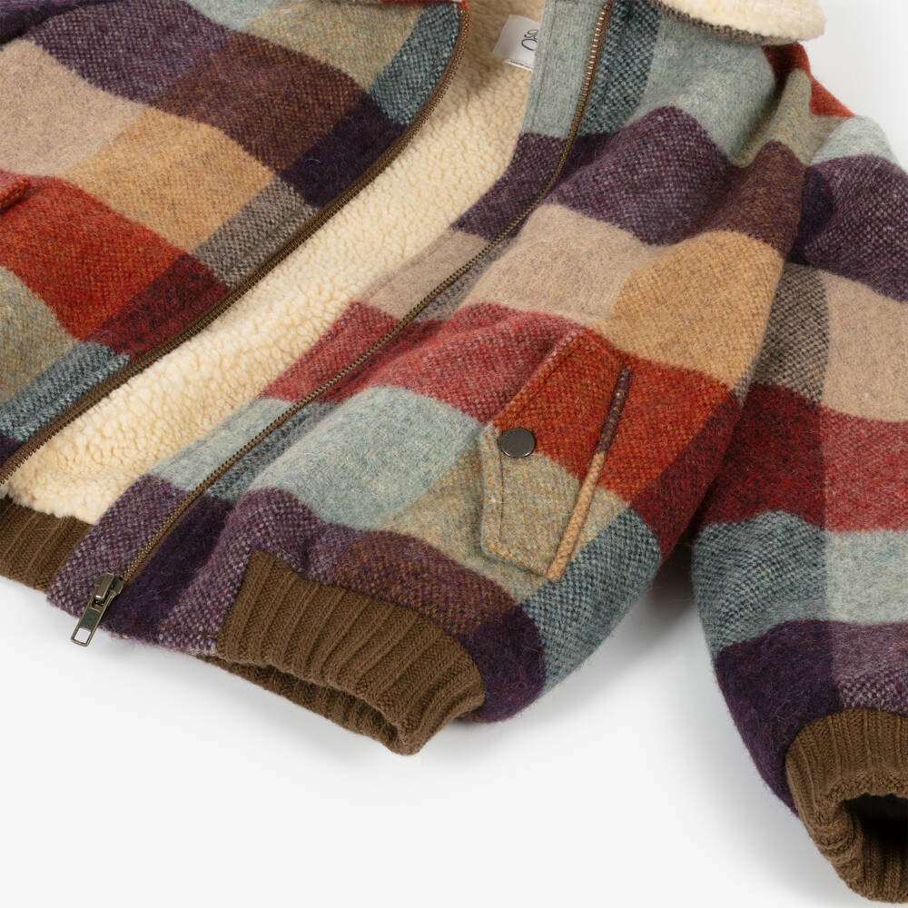 キッズアウター Bonpoint  Bonpoint coat in wool blend check Checked wool-blend jacket in brown - Bonpoint | Mytheresa