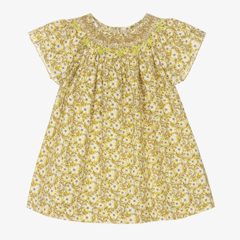 Bonpoint - Robe jaune à imprimé Liberty fille  | Childrensalon