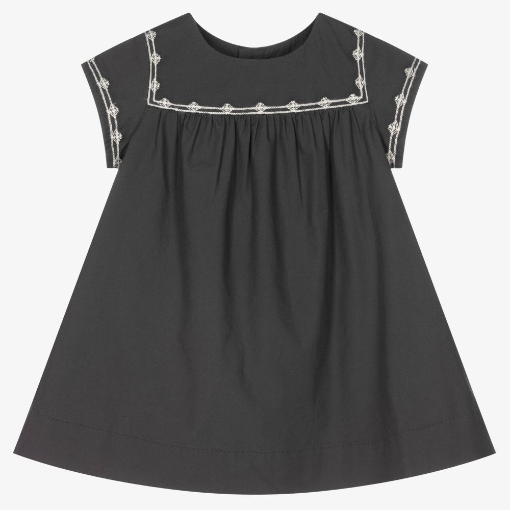 Bonpoint - Серое платье с вышивкой для малышей  | Childrensalon