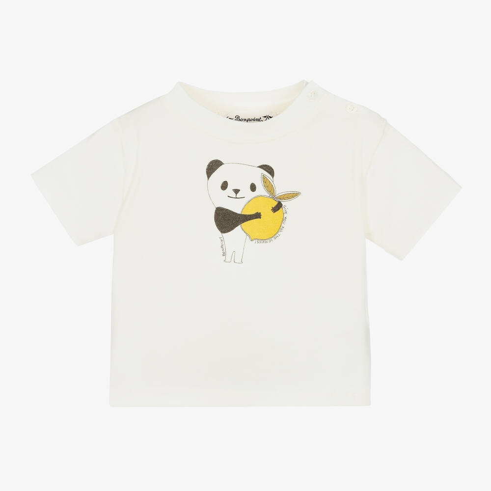 Bonpoint - Кремовая хлопковая футболка с пандой | Childrensalon