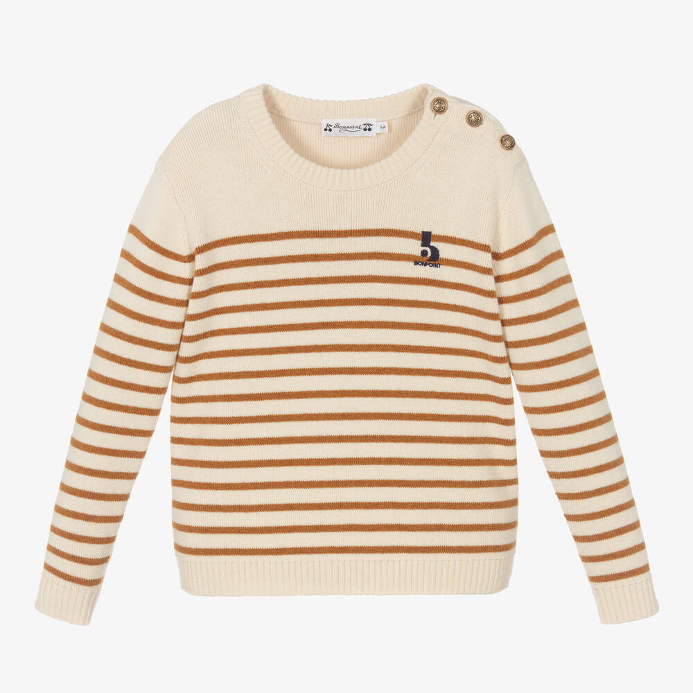 Bonpoint - Кремовый свитер из мериносовой шерсти в полоску | Childrensalon