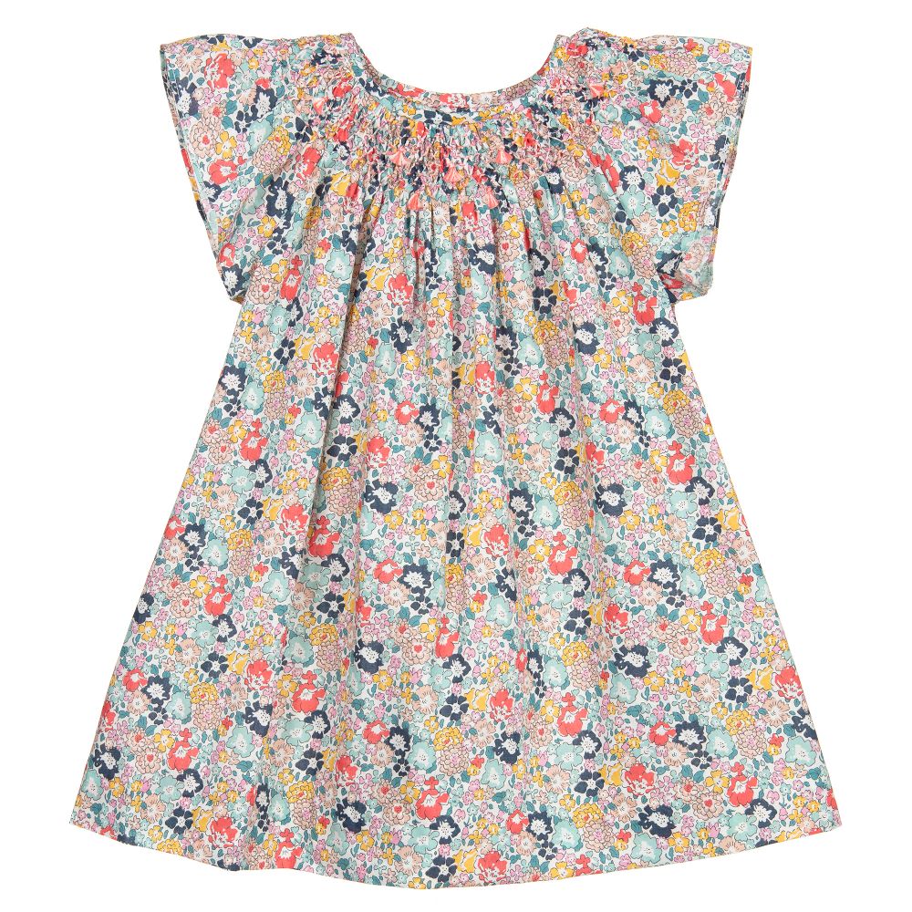Bonpoint - فستان قطن مطرز باليد لون زهري بطبعة ليبرتي | Childrensalon
