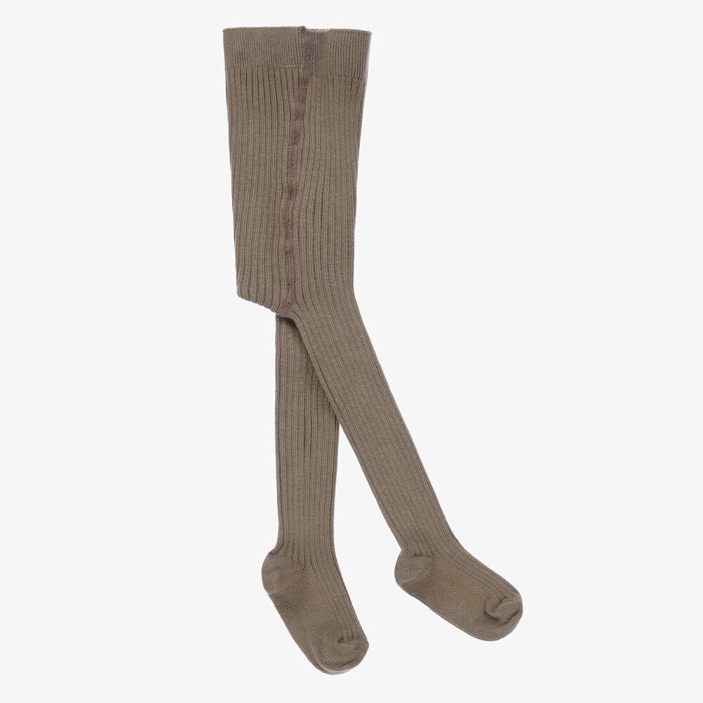 Bonpoint - Taupe Ribbed Cotton Tights | Childrensalon