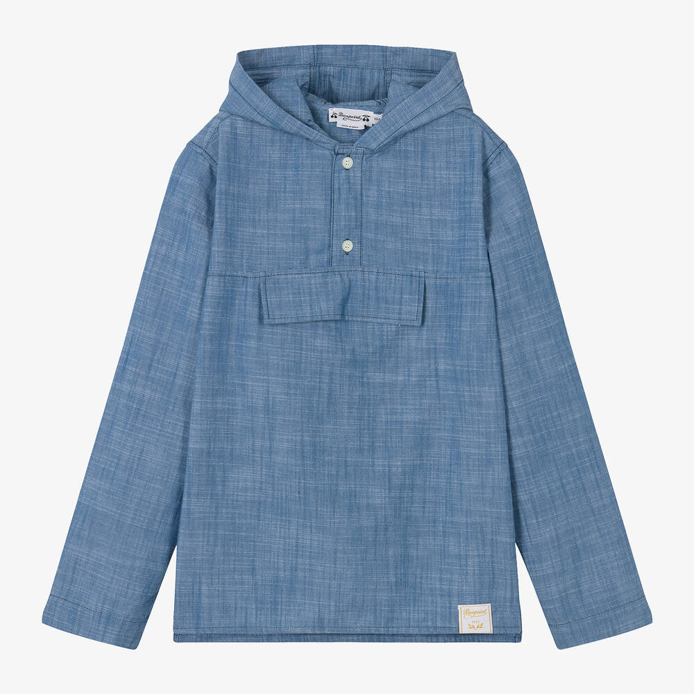 Bonpoint-Teen Boys Blue Chambray Hooded Shirt | Childrensalon Outlet
