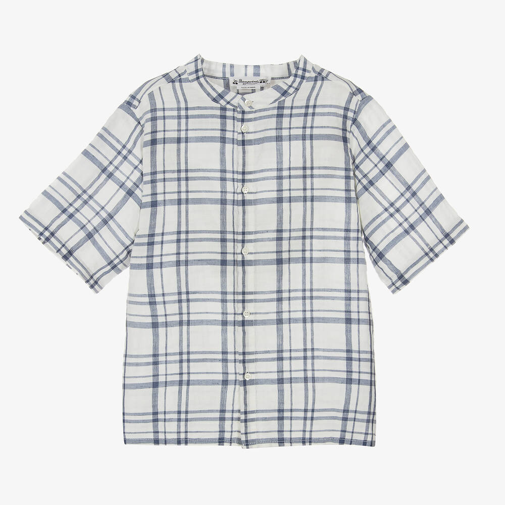 Bonpoint - قميص مزيج قطن وكتان كاروهات لون أزرق وأبيض | Childrensalon