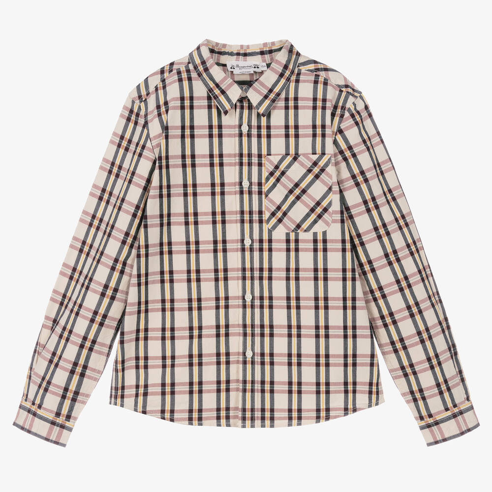 Bonpoint - Teen Boys Ivory & Pink Check Cotton Shirt | Childrensalon