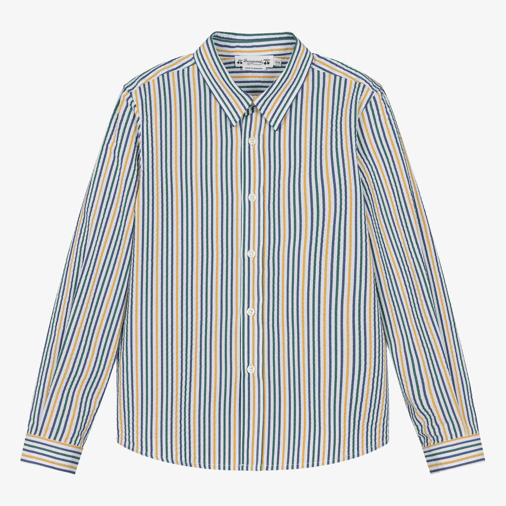 Bonpoint-Teen Boys White Striped Seersucker Shirt | Childrensalon Outlet