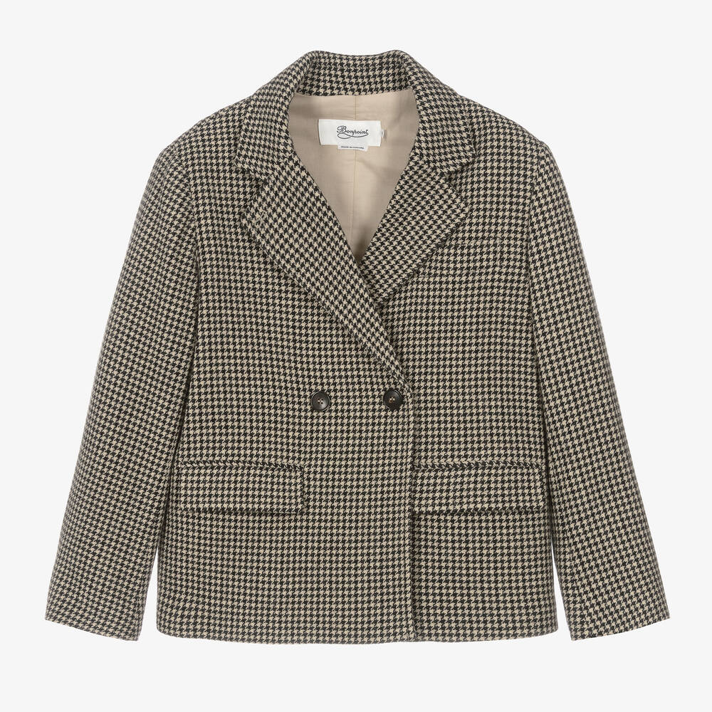 Bonpoint - Teen Girls Beige Wool Houndstooth Blazer | Childrensalon