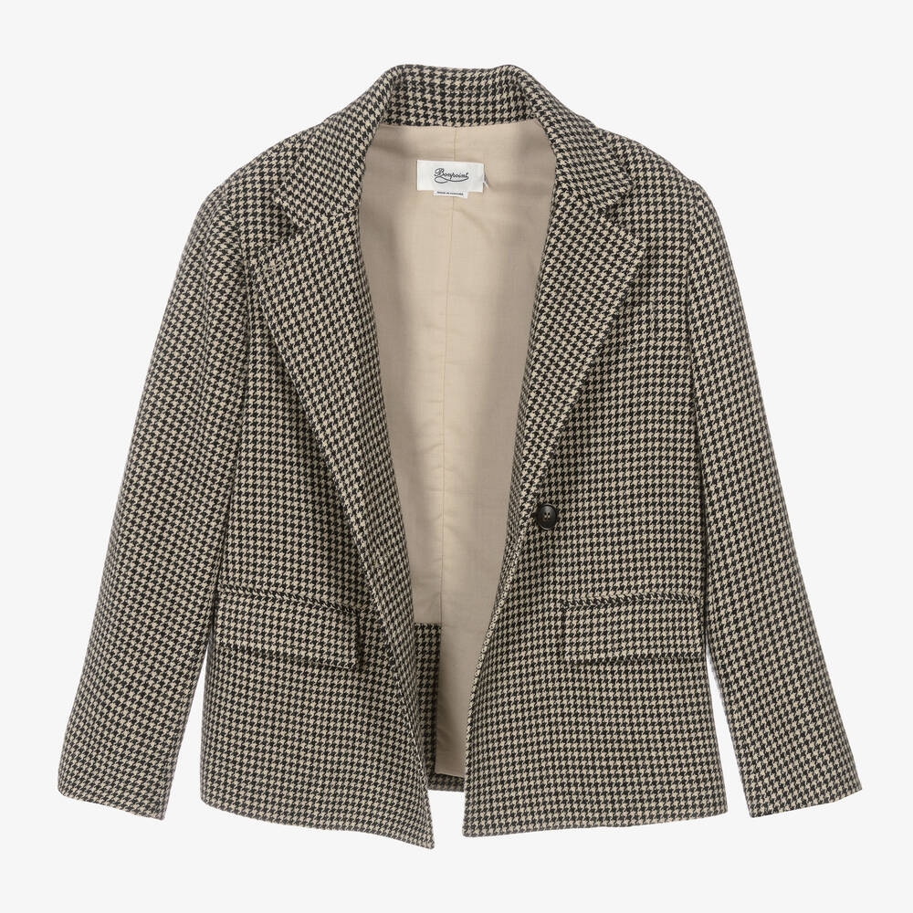 Bonpoint Teen Girls Beige Wool Houndstooth Blazer
