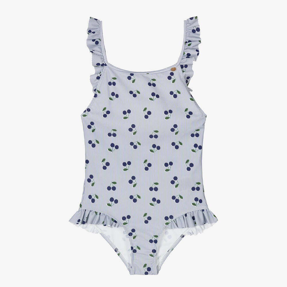 Bonpoint-Teen Girls Blue Stripe & Cherry Print Swimsuit  | Childrensalon Outlet