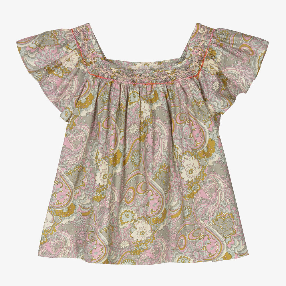 Bonpoint - Teen Girls Green Liberty Print Smocked Blouse ...