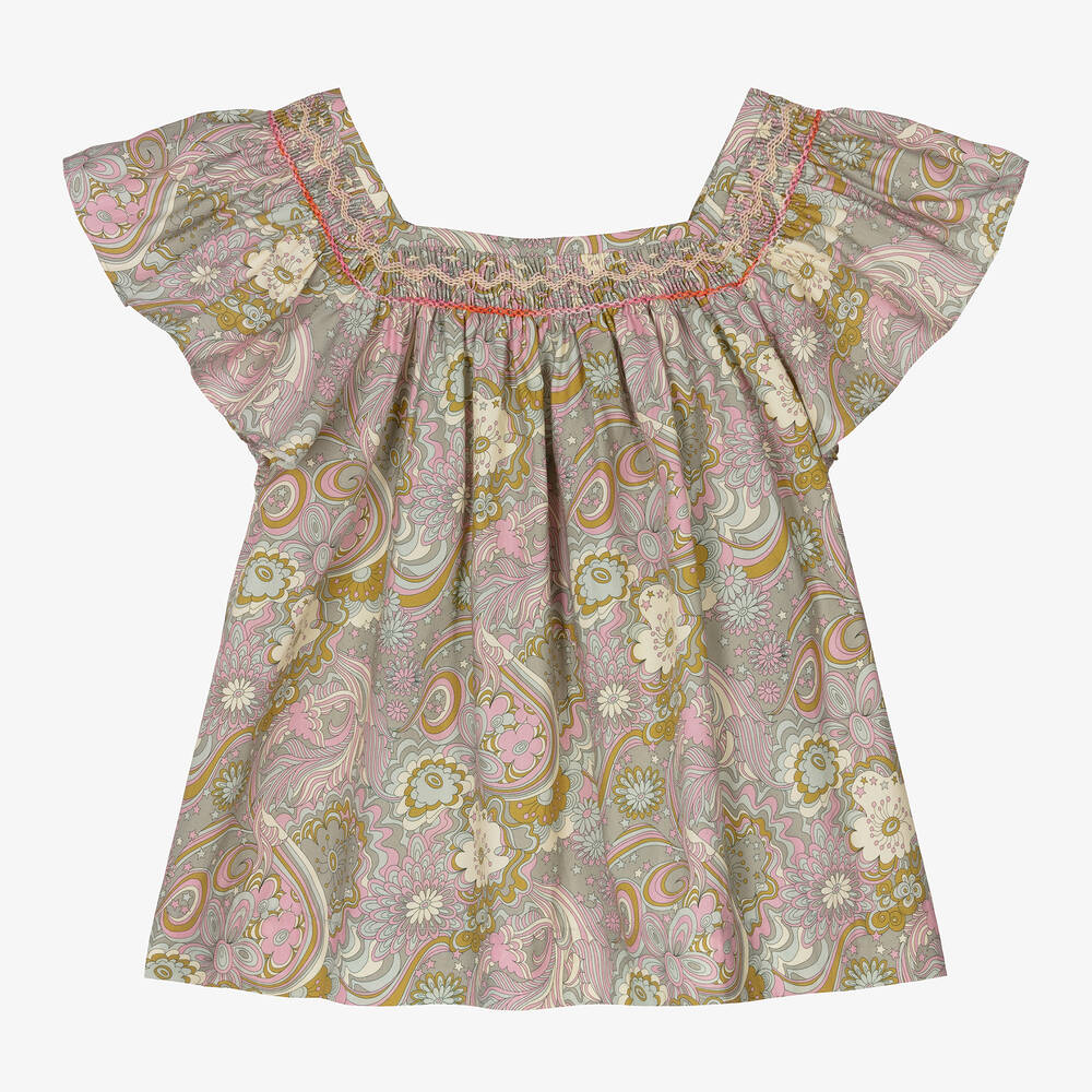 Bonpoint - Teen Girls Green Liberty Print Smocked Blouse ...