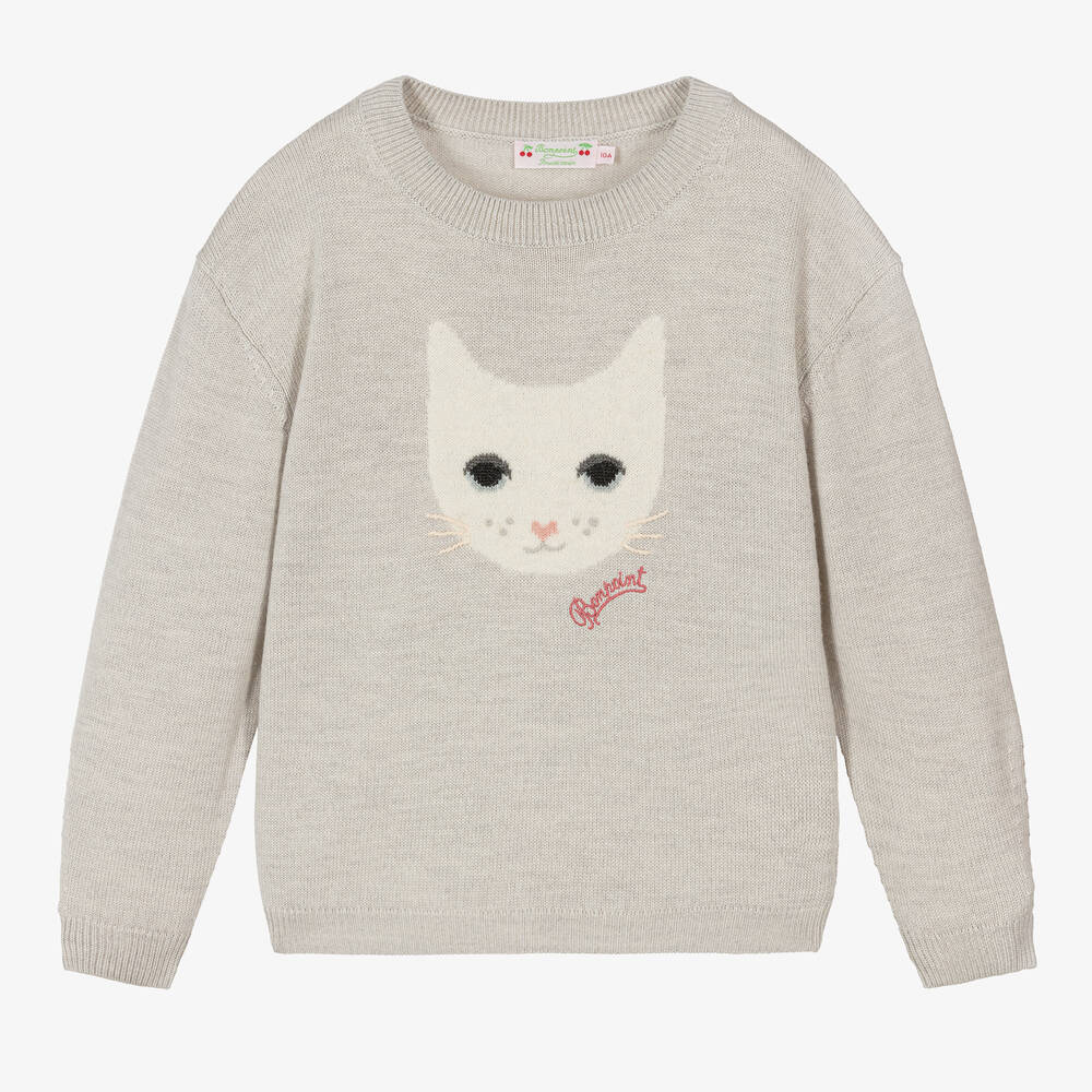 Bonpoint - Серый шерстяной свитер с кошкой | Childrensalon