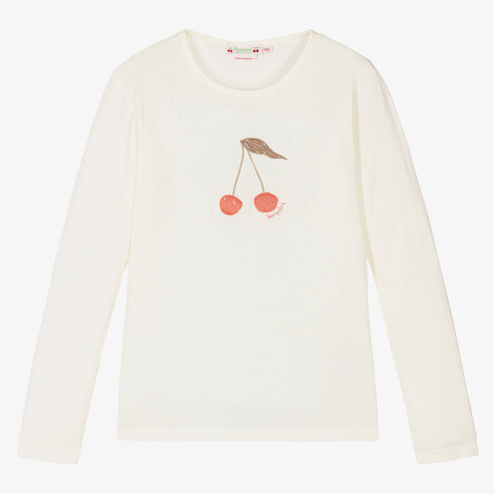 Bonpoint - Teen Girls Ivory Cotton Cherry T-Shirt | Childrensalon
