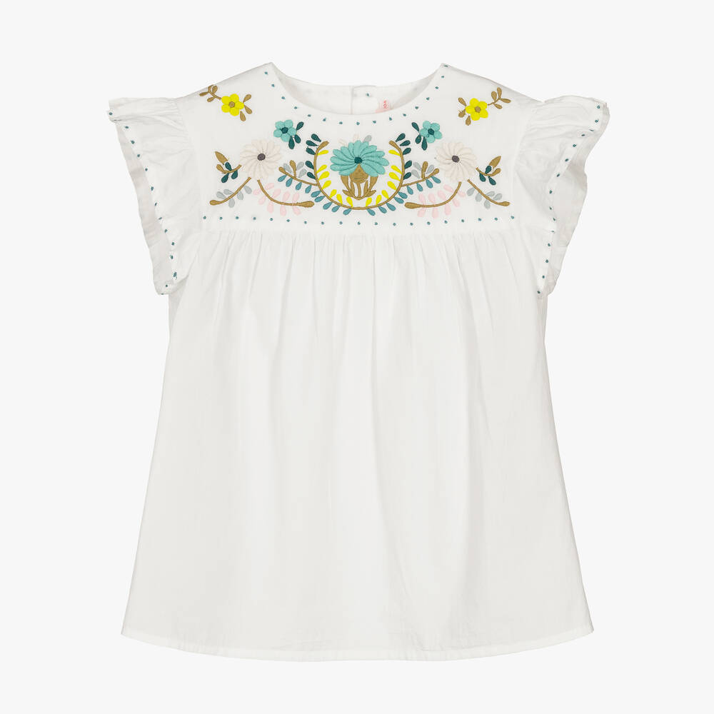 Bonpoint - Кремовая блузка с вышитыми цветами | Childrensalon