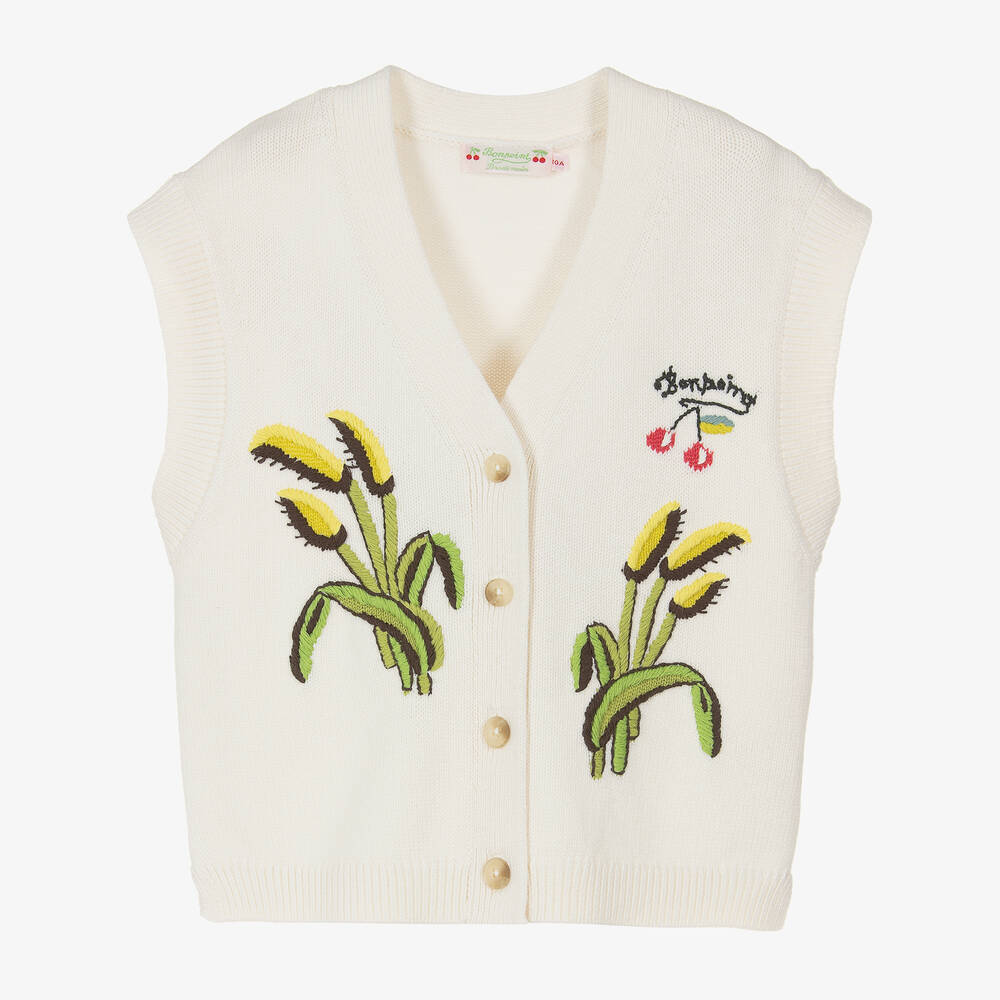 Bonpoint - Teen Girls Ivory Embroidered Knit Waistcoat | Childrensalon