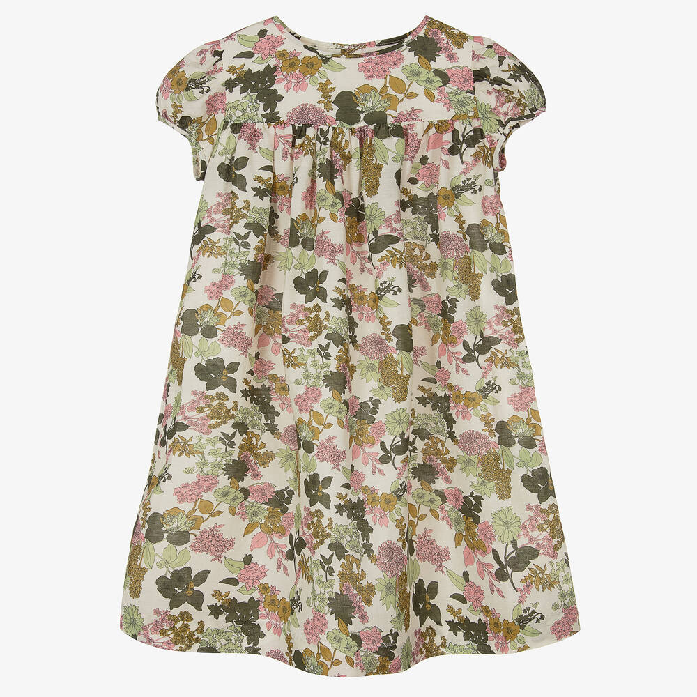 Bonpoint - Кремово-зеленое платье с цветами | Childrensalon