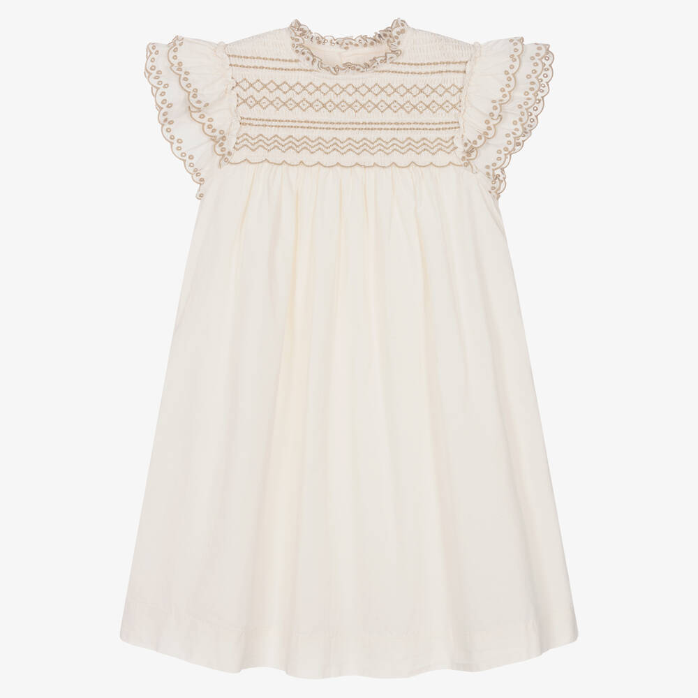 Bonpoint - Кремовое платье со сборками для девочек-подростков | Childrensalon