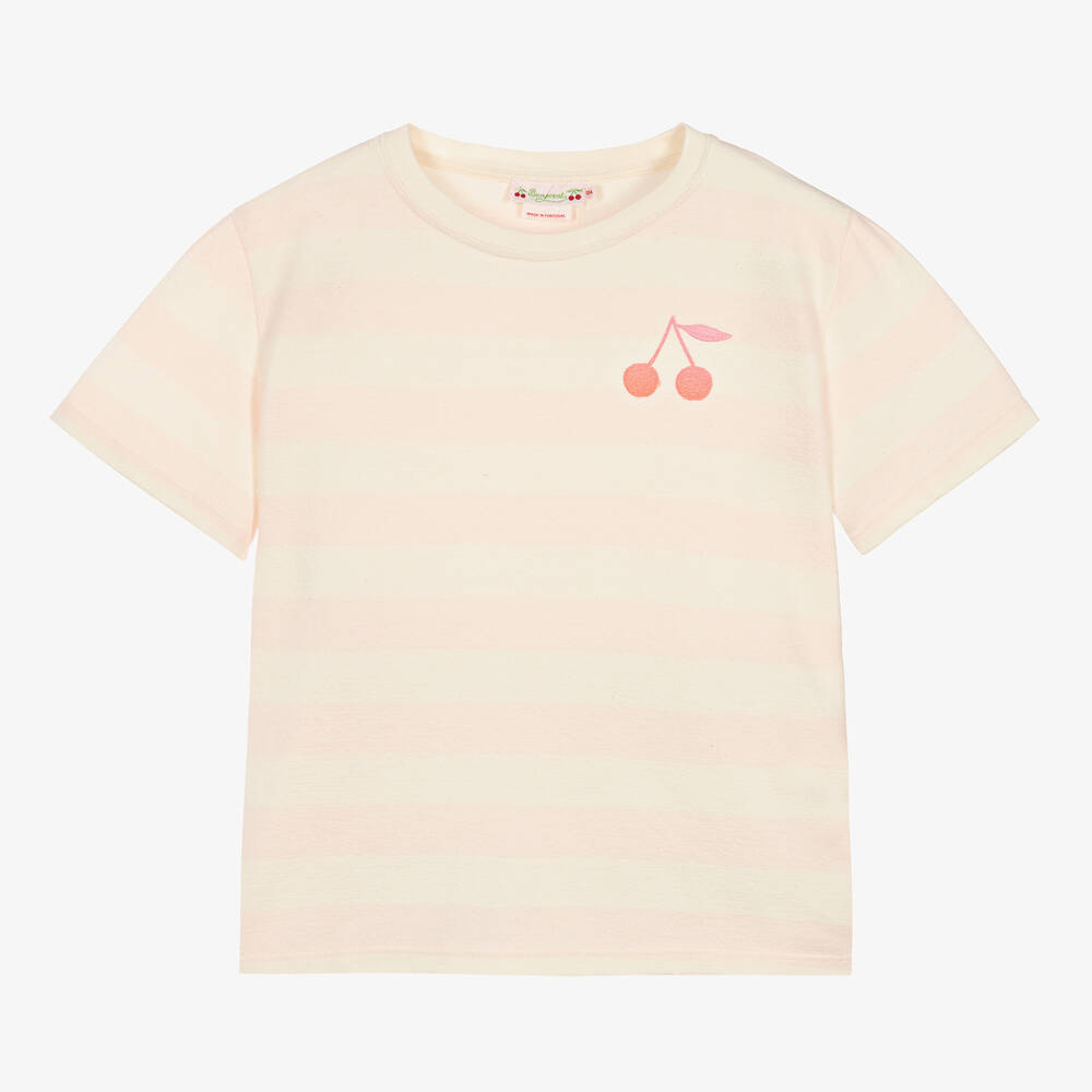 Bonpoint-Teen Girls Pink Stripe Cotton Cherry T-Shirt | Childrensalon Outlet
