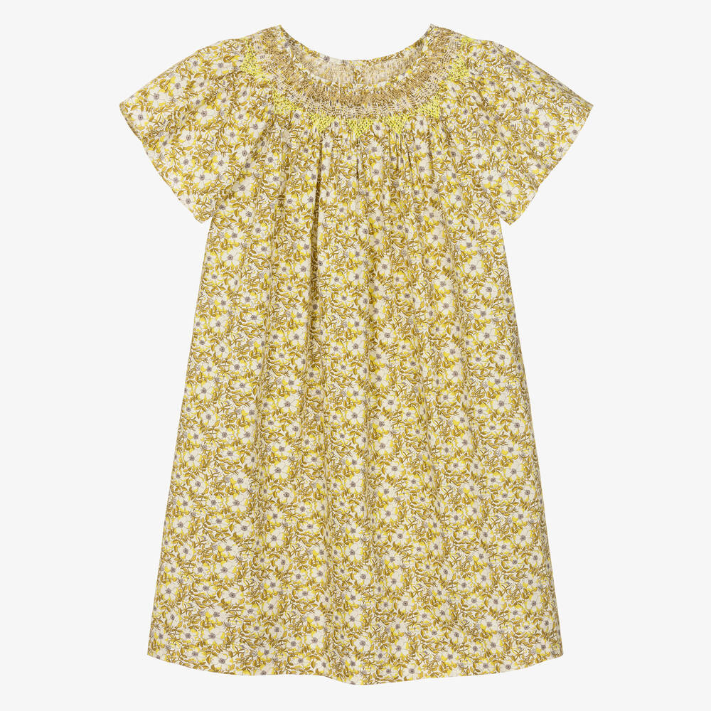 Bonpoint - فستان قطن بوبلين لون أصفر بطبعة ورود  | Childrensalon