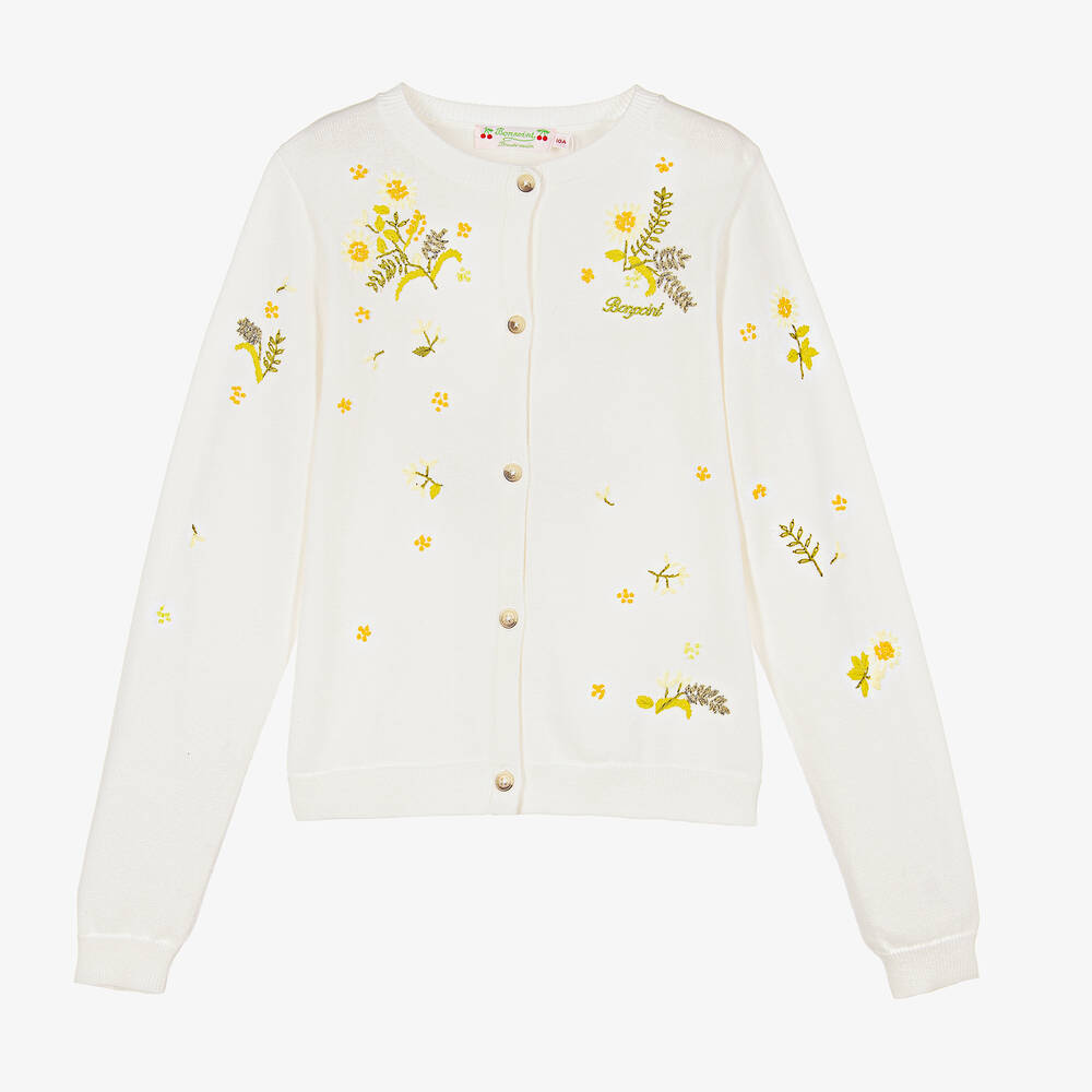 Bonpoint - Teen Ivory Embroidered Floral Cardigan  | Childrensalon