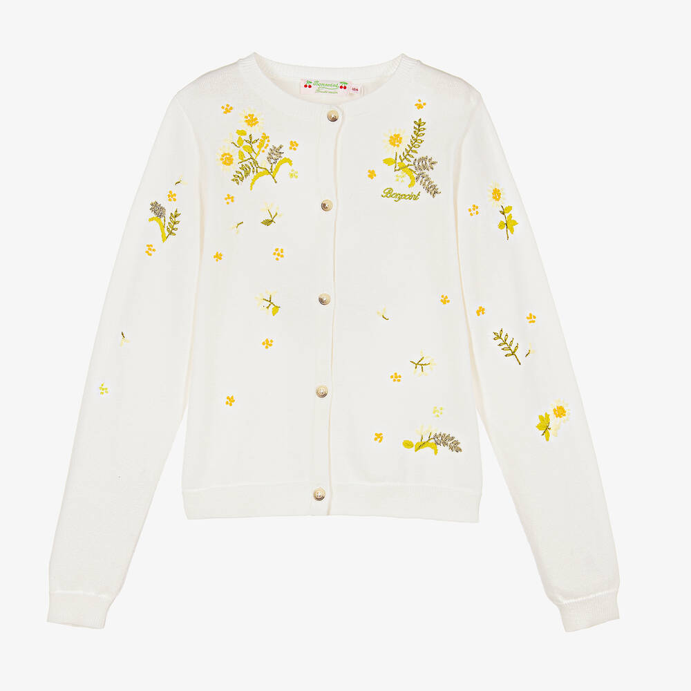 Bonpoint-Teen Ivory Embroidered Floral Cardigan  | Childrensalon Outlet